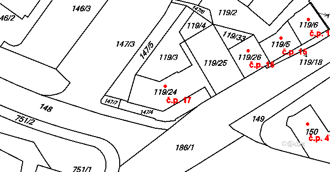 Žďár nad Sázavou 1 17, Žďár nad Sázavou na parcele st. 119/24 v KÚ Město Žďár, Katastrální mapa