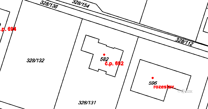 Struhařov 692, Kamenice na parcele st. 582 v KÚ Štiřín, Katastrální mapa