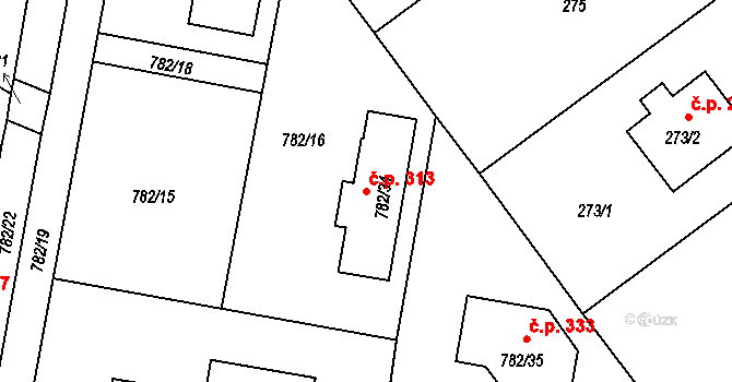 Malešov 313 na parcele st. 782/34 v KÚ Malešov, Katastrální mapa