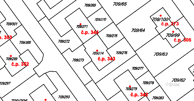 Popůvky 343 na parcele st. 709/274 v KÚ Popůvky u Brna, Katastrální mapa