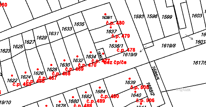 Koryčany 44943130 na parcele st. 1636/2 v KÚ Koryčany, Katastrální mapa