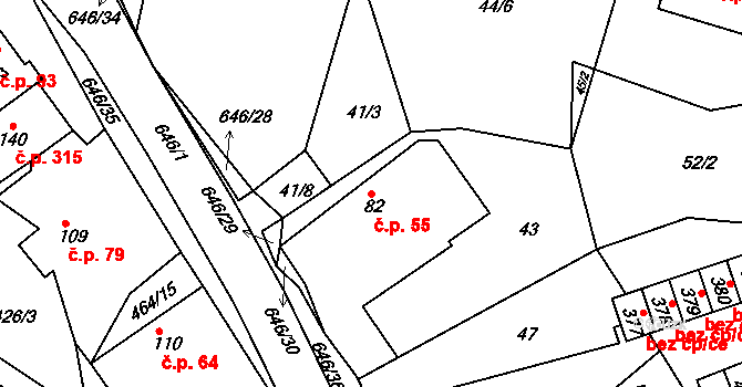 Prachovice 55 na parcele st. 82 v KÚ Prachovice, Katastrální mapa