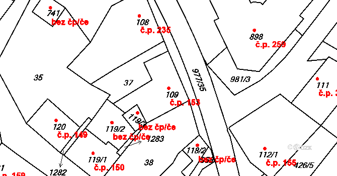 Luže 153 na parcele st. 109 v KÚ Luže, Katastrální mapa