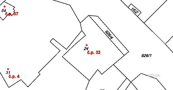 Třebýcina 32, Měčín na parcele st. 24 v KÚ Třebýcina, Katastrální mapa