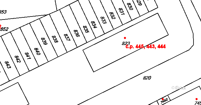 Rájec 443,444,445, Rájec-Jestřebí na parcele st. 823 v KÚ Rájec nad Svitavou, Katastrální mapa