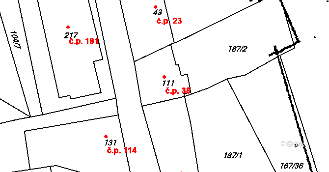 Krušovice 38 na parcele st. 111 v KÚ Krušovice, Katastrální mapa