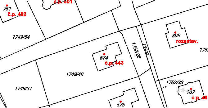 Libouchec 443 na parcele st. 574 v KÚ Libouchec, Katastrální mapa