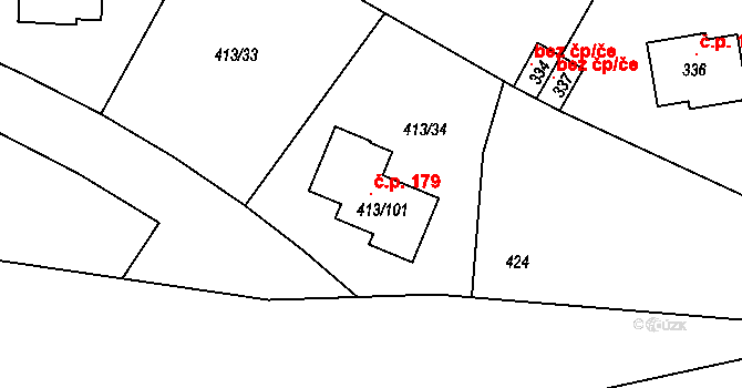Lidice 179 na parcele st. 413/101 v KÚ Lidice, Katastrální mapa