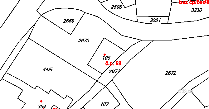 Horní Lánov 58, Lánov na parcele st. 108 v KÚ Horní Lánov, Katastrální mapa