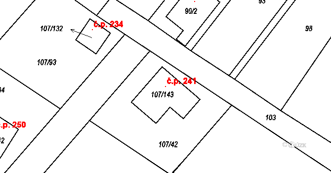Velké Chvalovice 241, Pečky na parcele st. 107/143 v KÚ Velké Chvalovice, Katastrální mapa
