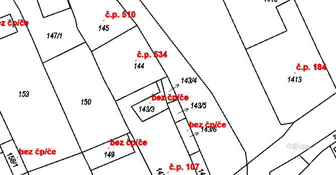 Buchlovice 104856131 na parcele st. 143/4 v KÚ Buchlovice, Katastrální mapa