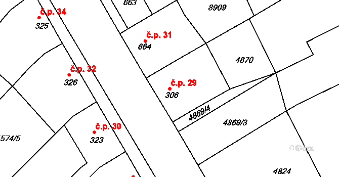 Břežany 29 na parcele st. 306 v KÚ Břežany u Znojma, Katastrální mapa