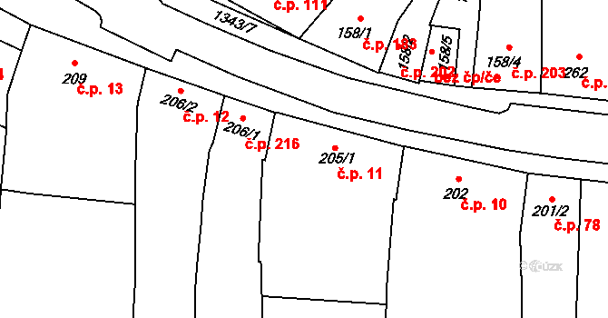 Horní Moštěnice 11 na parcele st. 205/1 v KÚ Horní Moštěnice, Katastrální mapa