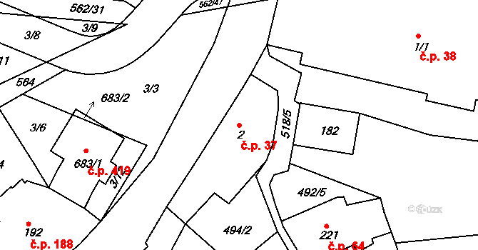 Železná Ruda 37 na parcele st. 2 v KÚ Železná Ruda, Katastrální mapa