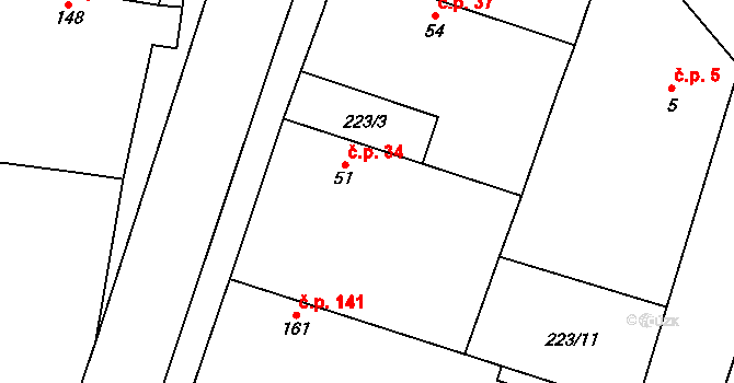 Záhornice 34 na parcele st. 51 v KÚ Záhornice u Městce Králové, Katastrální mapa