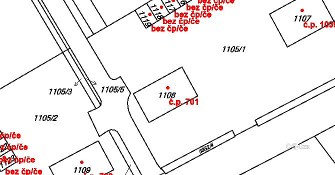 Bystřice 701 na parcele st. 1108 v KÚ Bystřice nad Olší, Katastrální mapa