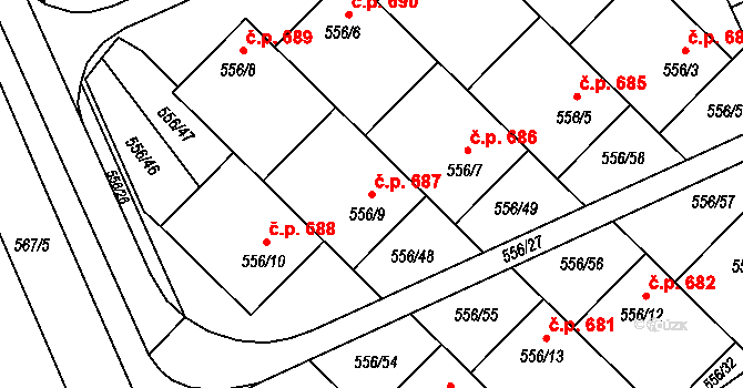 Chropyně 687 na parcele st. 556/9 v KÚ Chropyně, Katastrální mapa