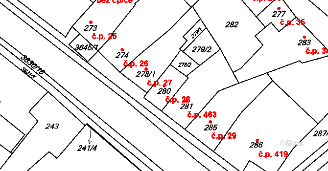 Vyškov-Předměstí 28, Vyškov na parcele st. 280 v KÚ Vyškov, Katastrální mapa