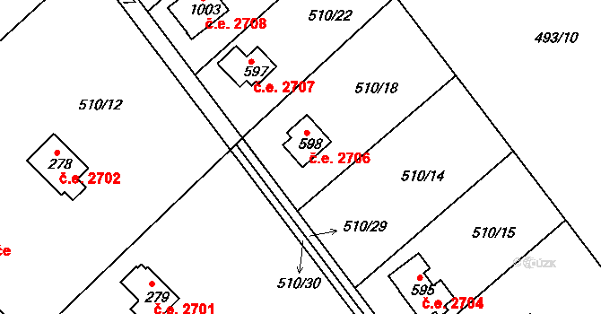 Těptín 2706, Kamenice na parcele st. 598 v KÚ Těptín, Katastrální mapa