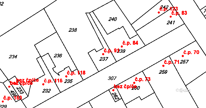 Srby 91, Tuchlovice na parcele st. 237 v KÚ Srby u Tuchlovic, Katastrální mapa