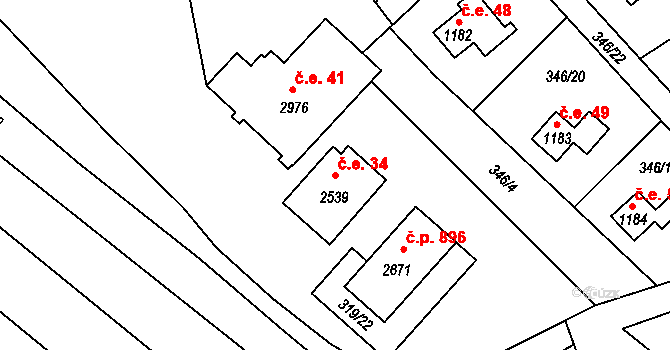 Ostravice 34 na parcele st. 2539 v KÚ Ostravice 1, Katastrální mapa