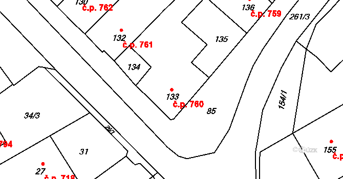 Březce 760, Štěpánov na parcele st. 133 v KÚ Březce, Katastrální mapa