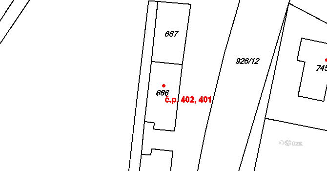 Milovice 401,402 na parcele st. 666 v KÚ Milovice nad Labem, Katastrální mapa