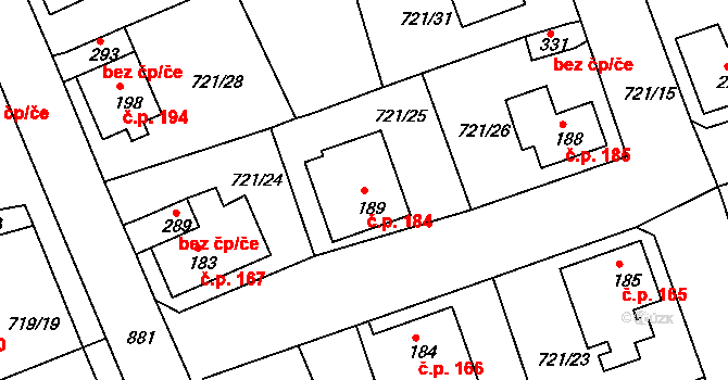 Unčín 184, Krupka na parcele st. 189 v KÚ Unčín u Krupky, Katastrální mapa