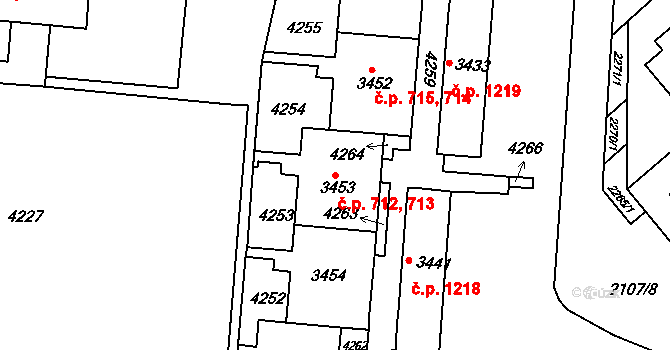 Komín 712,713, Brno na parcele st. 3454 v KÚ Komín, Katastrální mapa