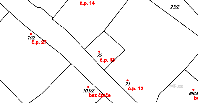 Čečelice 13 na parcele st. 72 v KÚ Čečelice, Katastrální mapa
