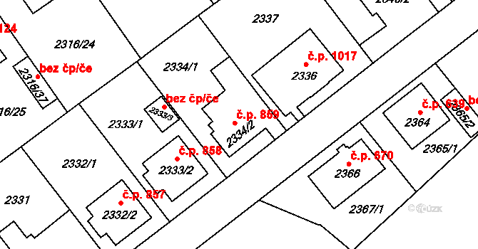 Radotín 859, Praha na parcele st. 2334/2 v KÚ Radotín, Katastrální mapa