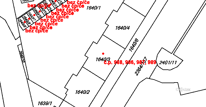 Kobylisy 986,987,988,989, Praha na parcele st. 1640/3 v KÚ Kobylisy, Katastrální mapa