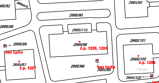Kyje 1206, Praha na parcele st. 2665/96 v KÚ Kyje, Katastrální mapa