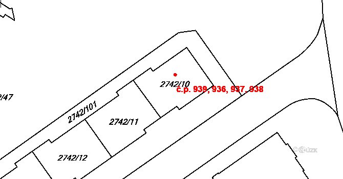 Hostivař 936,937,938,939, Praha na parcele st. 2742/10 v KÚ Hostivař, Katastrální mapa