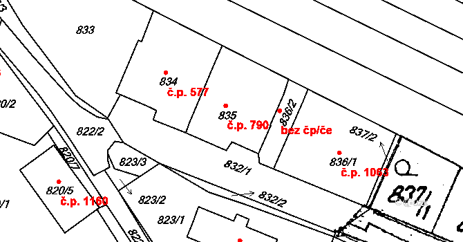Mutěnice 790 na parcele st. 835 v KÚ Mutěnice, Katastrální mapa