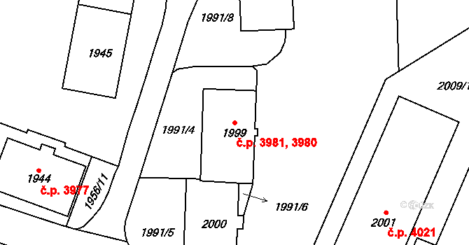 Chomutov 3980,3981 na parcele st. 1999 v KÚ Chomutov I, Katastrální mapa