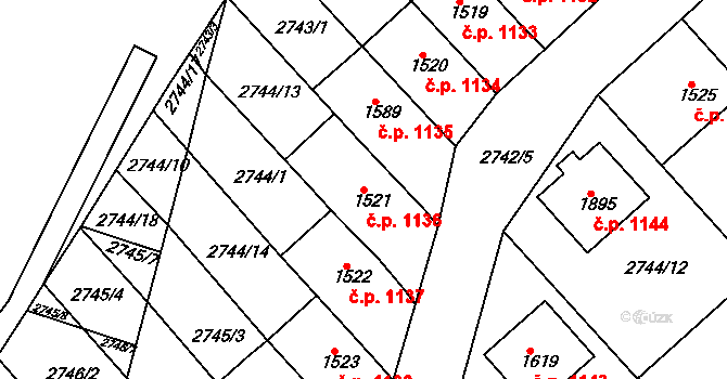 Rosice 1136 na parcele st. 1521 v KÚ Rosice u Brna, Katastrální mapa