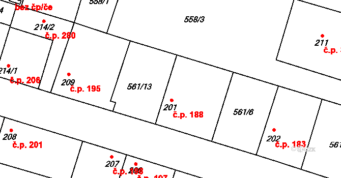 Sokoleč 188 na parcele st. 201 v KÚ Sokoleč, Katastrální mapa