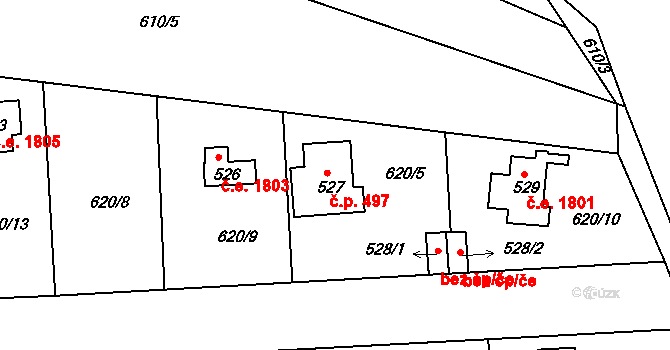 Olešovice 497, Kamenice na parcele st. 527 v KÚ Ládví, Katastrální mapa