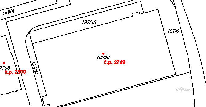 Zelené Předměstí 2749, Pardubice na parcele st. 10266 v KÚ Pardubice, Katastrální mapa