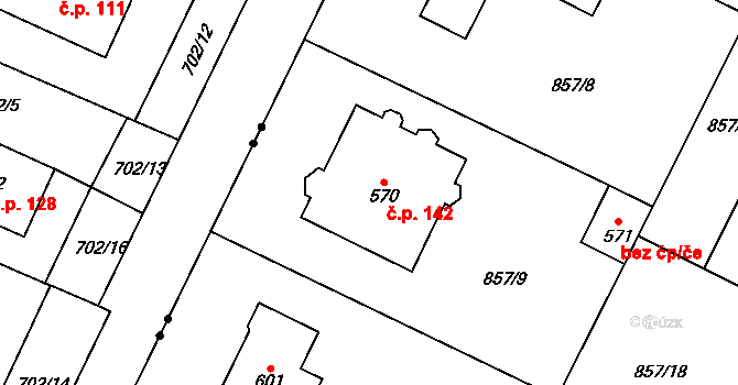 Podhrad 142, Cheb na parcele st. 570 v KÚ Dřenice u Chebu, Katastrální mapa