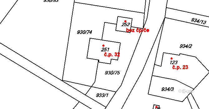 Chloumek 32, Újezd u Chocně na parcele st. 251 v KÚ Újezd u Chocně, Katastrální mapa