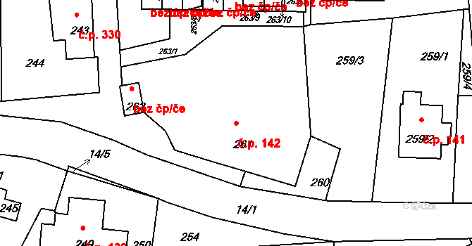 Dolní Chřibská 142, Chřibská na parcele st. 261 v KÚ Dolní Chřibská, Katastrální mapa