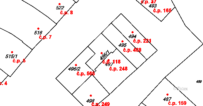 Spytihněv 118 na parcele st. 496/1 v KÚ Spytihněv, Katastrální mapa
