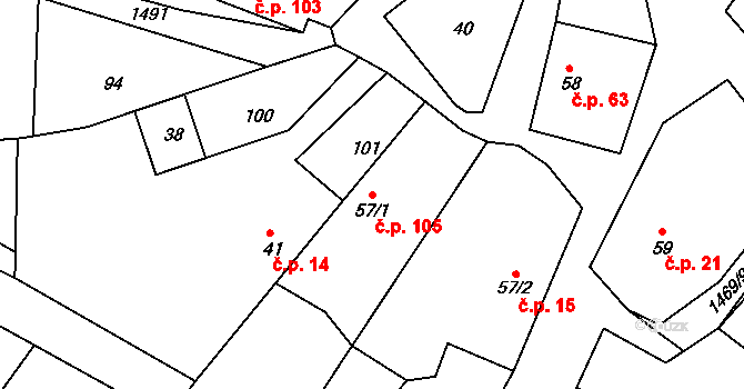Vršovice 105 na parcele st. 57/1 v KÚ Vršovice u Opavy, Katastrální mapa