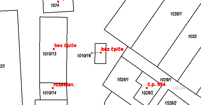 Rájec-Jestřebí 46033131 na parcele st. 1010/16 v KÚ Rájec nad Svitavou, Katastrální mapa