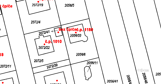 Třemošná 1180 na parcele st. 2056/33 v KÚ Třemošná, Katastrální mapa