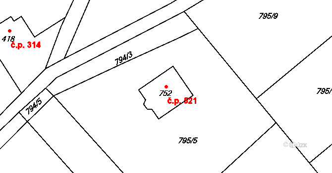 Nebory 521, Třinec na parcele st. 752 v KÚ Nebory, Katastrální mapa