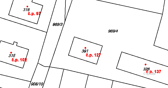 Oleška 127 na parcele st. 391 v KÚ Oleška, Katastrální mapa