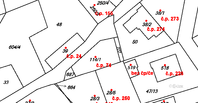 Třebotov 74 na parcele st. 114/1 v KÚ Třebotov, Katastrální mapa